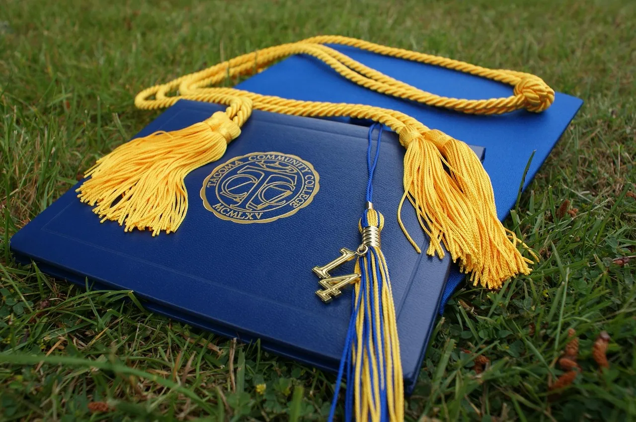 A blue graduation cap and diploma folder lying on grass, with gold cords and two gold tassels draped across them.