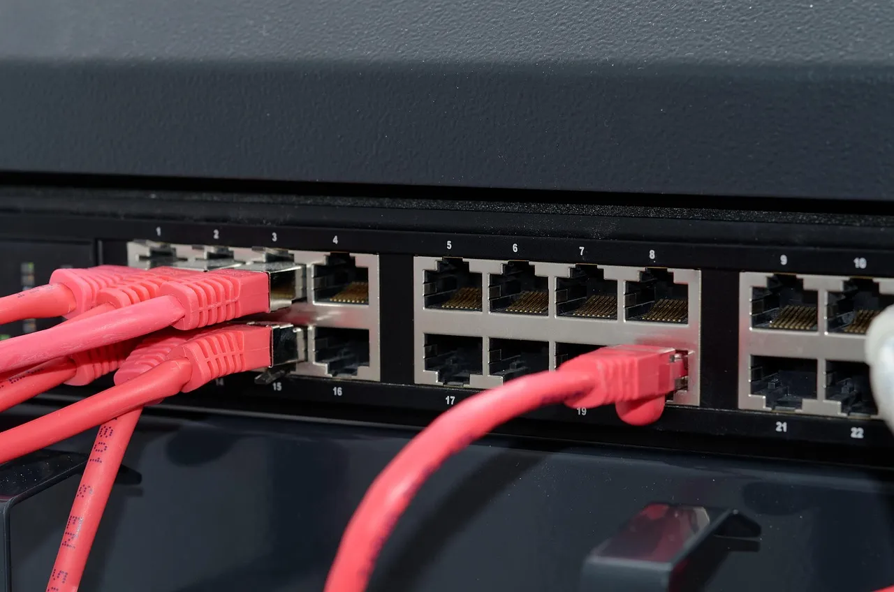 Red network cables plugged into a handful of ports on a black rack-mounted switch, most of the numbered ports beside them empty.