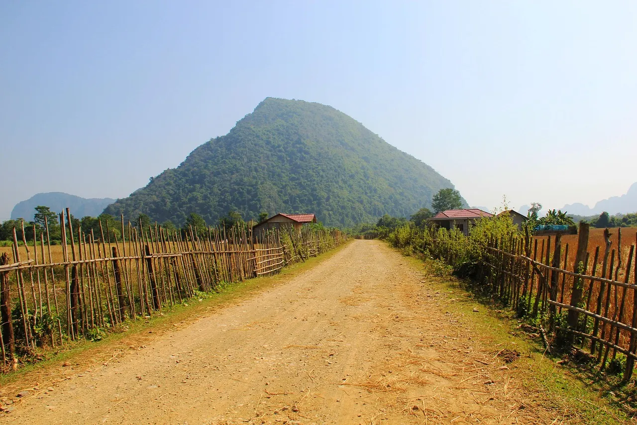 A straight dirt road running away from the camera between two bamboo fences, toward a large forested hill on the horizon. A few tin-roofed houses sit at the far end, and limestone peaks fade into haze behind.