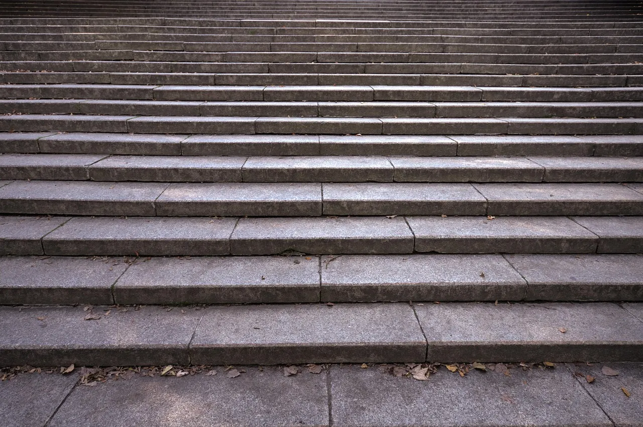 A long flight of wide grey stone steps rising evenly away from the viewer