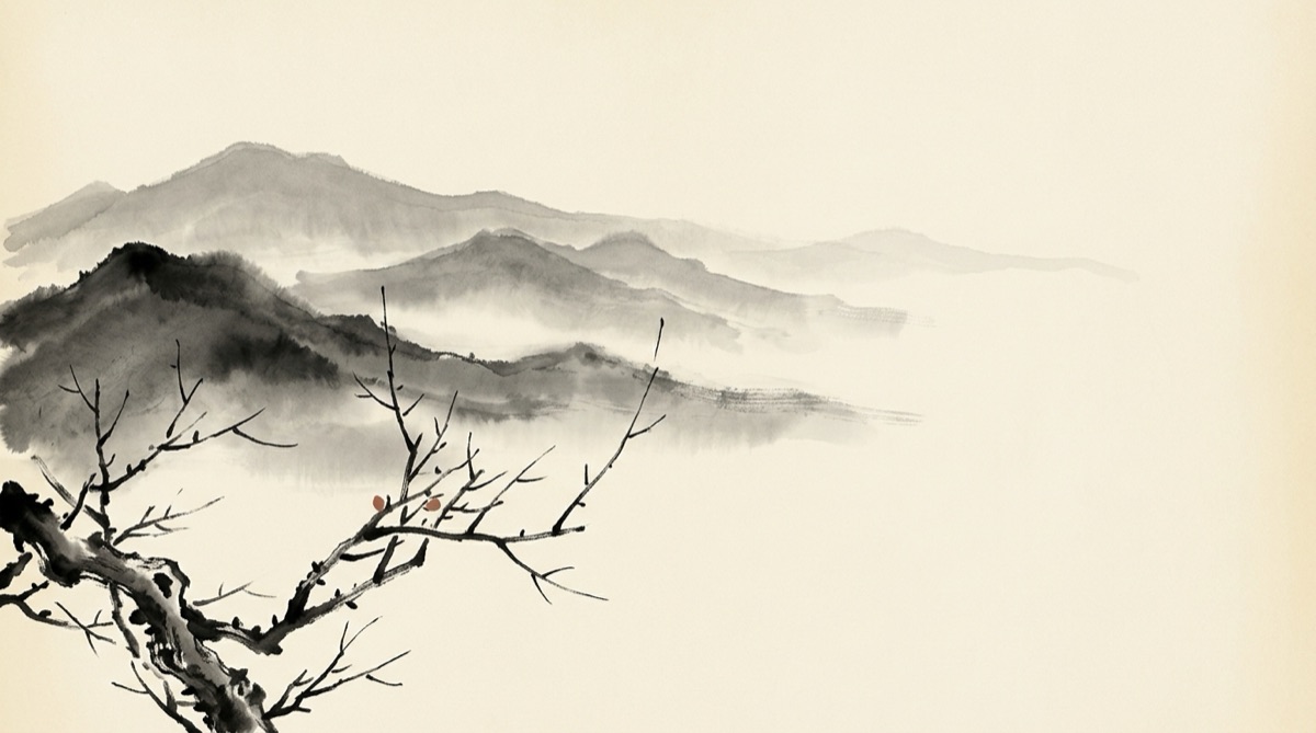 Ink-wash painting: layered distant mountains fading into unpainted paper, a bare branch entering from the lower left.